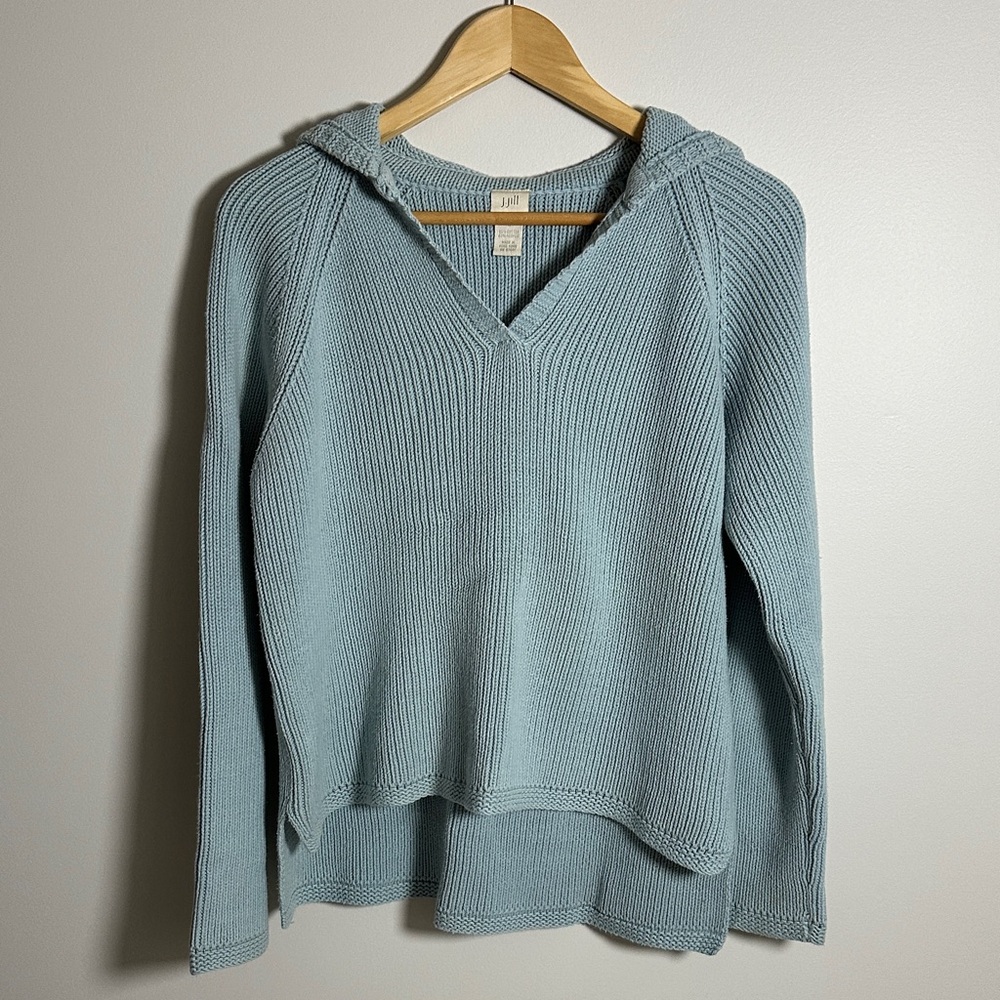 J. Jill Light Blue V-Neck Hooded Sweater Size Small